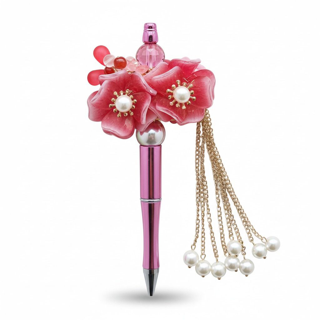 Bloemen pen rood/roze, kralenpen, origineel cadeau voor haar