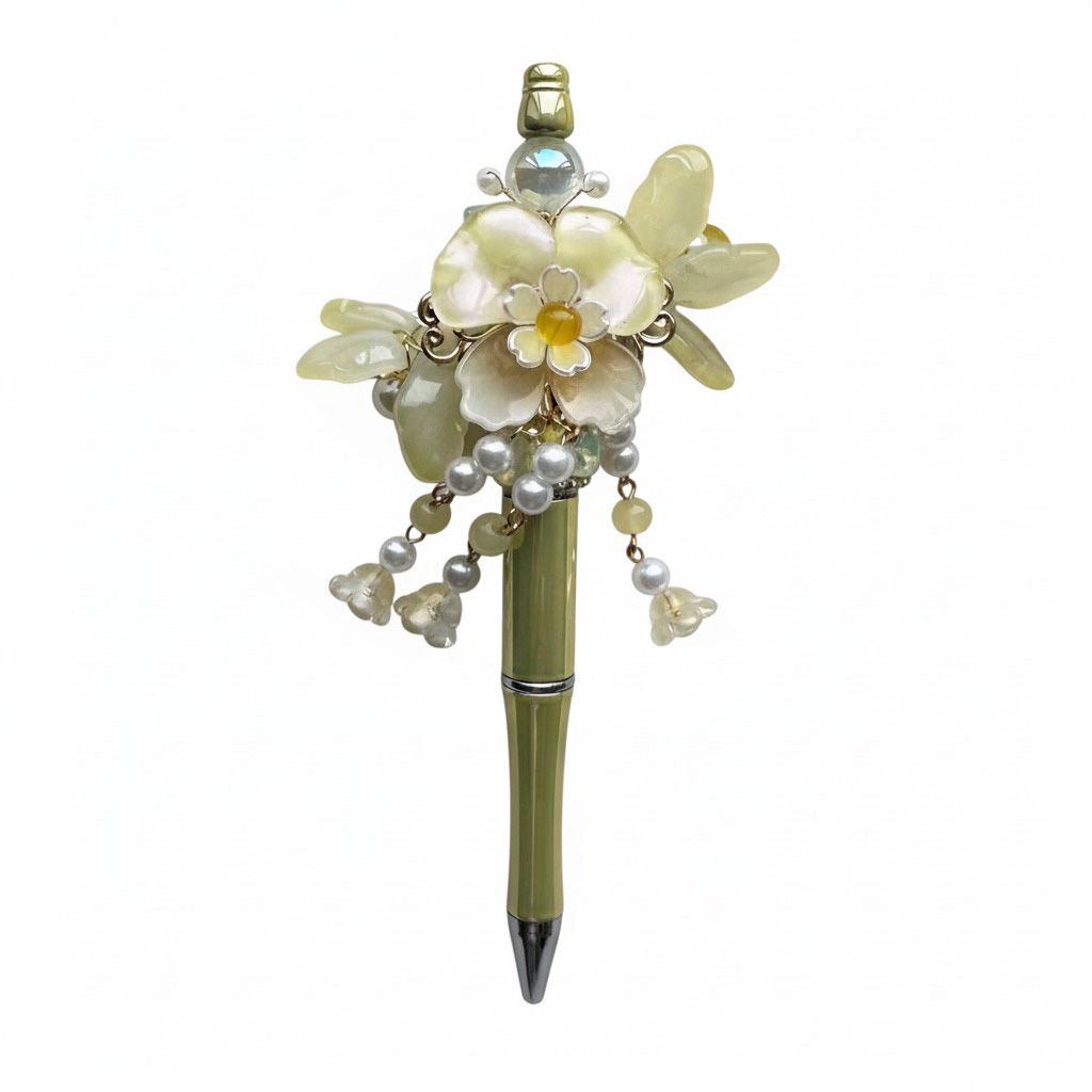 Bloemen pen geel, kralenpen, origineel cadeau voor haar