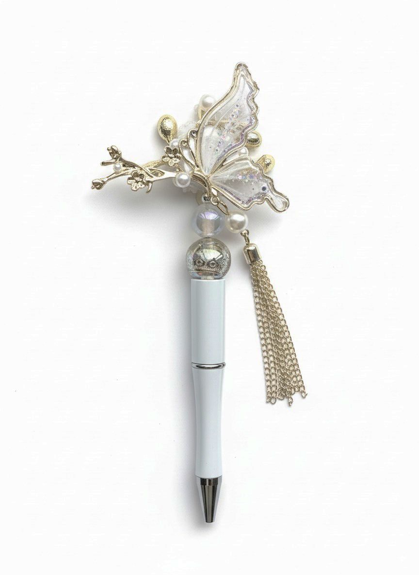 witte kralenpen met transparante vlinder topper kraal en zilveren kroon kraal