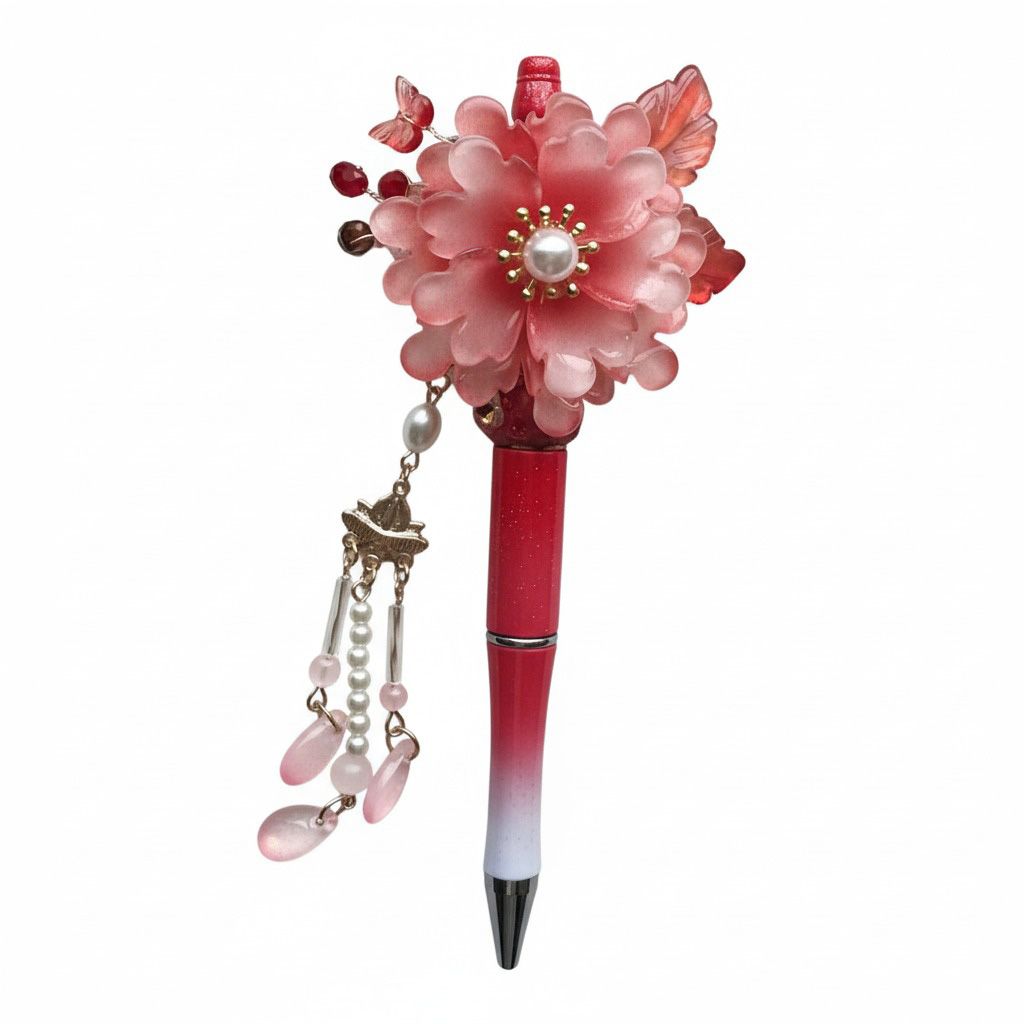 Bloemen pen rood/roze, kralenpen, origineel cadeau voor haar