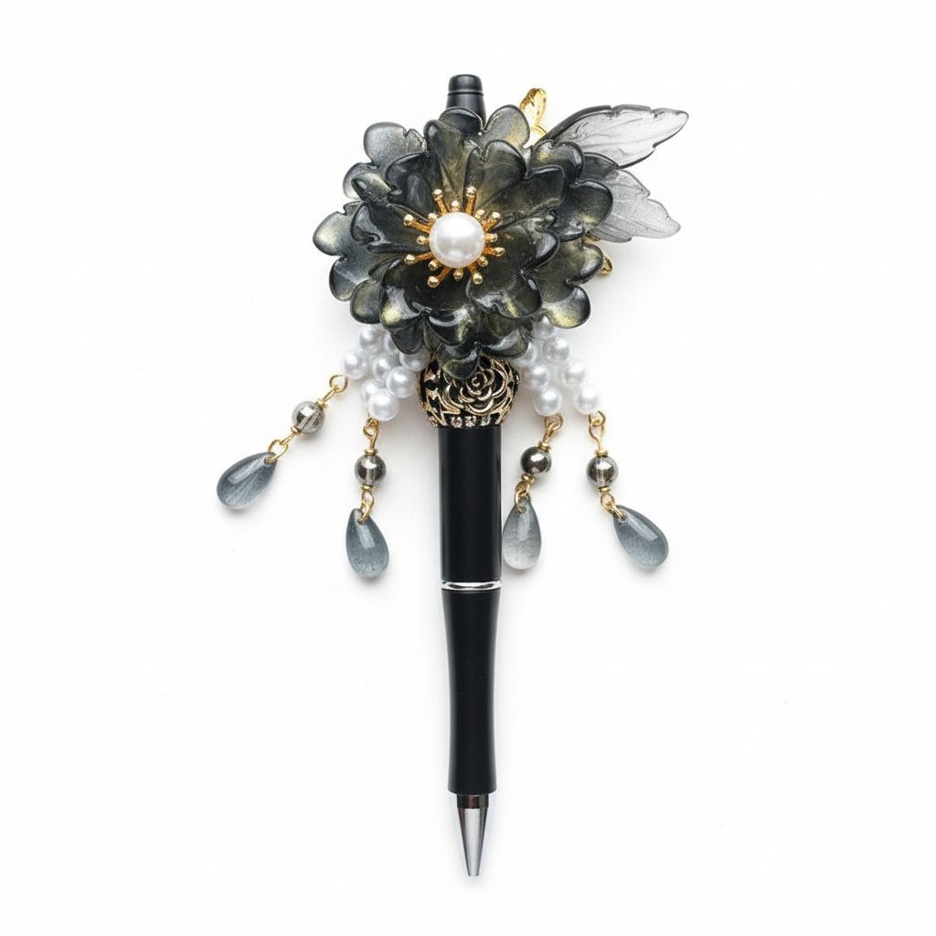 Bloemen pen zwart, kralenpen, origineel cadeau voor haar