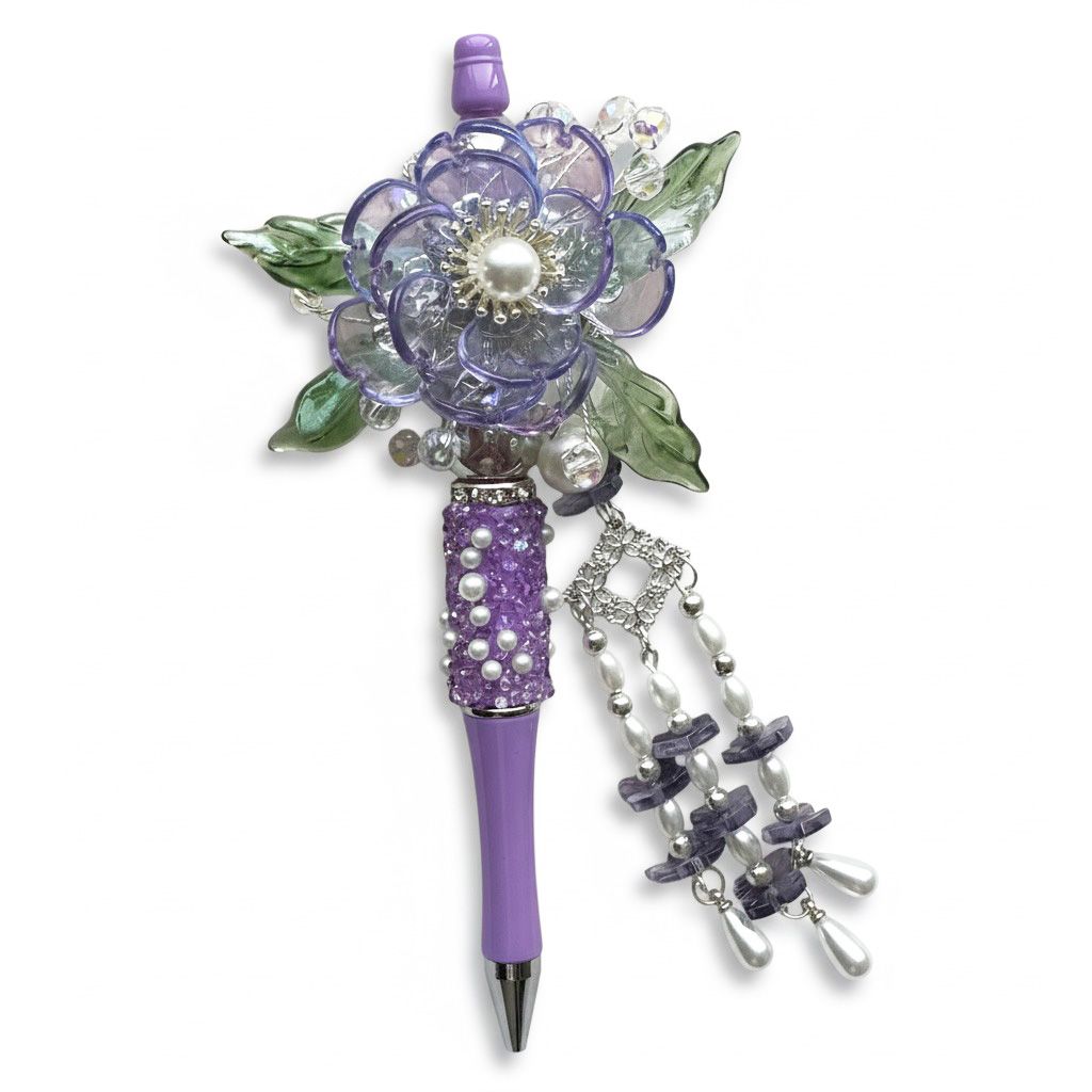 Bloemen pen paars, kralenpen, origineel cadeau voor haar