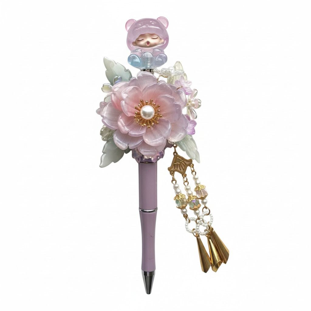 Bloemen pen roze, kralenpen, origineel cadeau voor haar